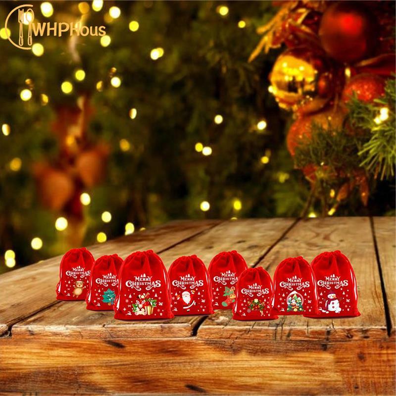 Buon natale sacchetto di caramelle lanugine rosse con sacchetto di imballaggio regalo con coulisse decorazione natalizia forniture per bomboniere di capodanno