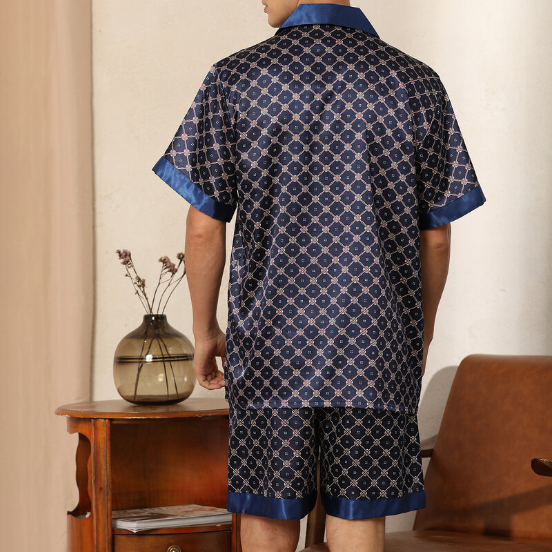 Conjunto de pijama cetim de seda masculino, camisa de manga curta, top e shorts, pijama clássico de botão, loungewear