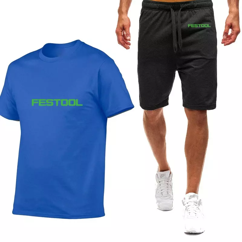 Baju olahraga pria Festool, peralatan Baru Musim Panas 2024, baju latihan kebugaran olahraga lengan pendek, Atasan + celana pendek 2 potong
