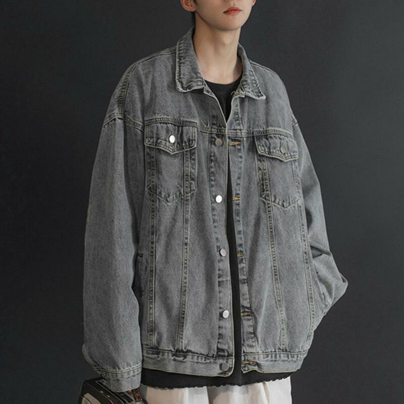 Jaqueta jeans retrô estilo hip-hop masculina com bolsos múltiplos, casaco tamanho grande, streetwear casual