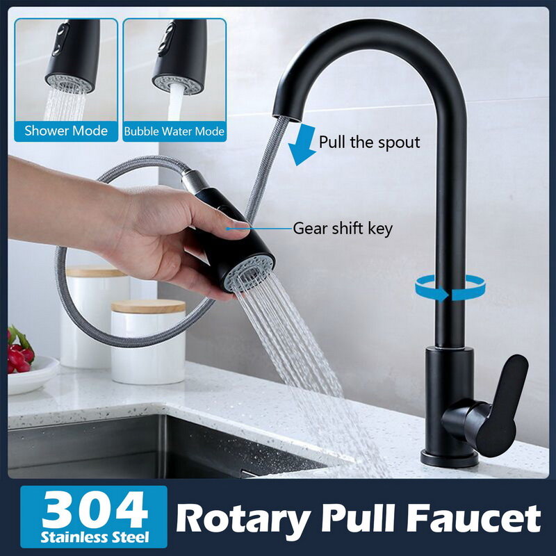 Keran dapur, keran dapur fleksibel Pull-Out Mixer Tap 2 mode Nozzle keran air dingin dan panas rotasi 360 °