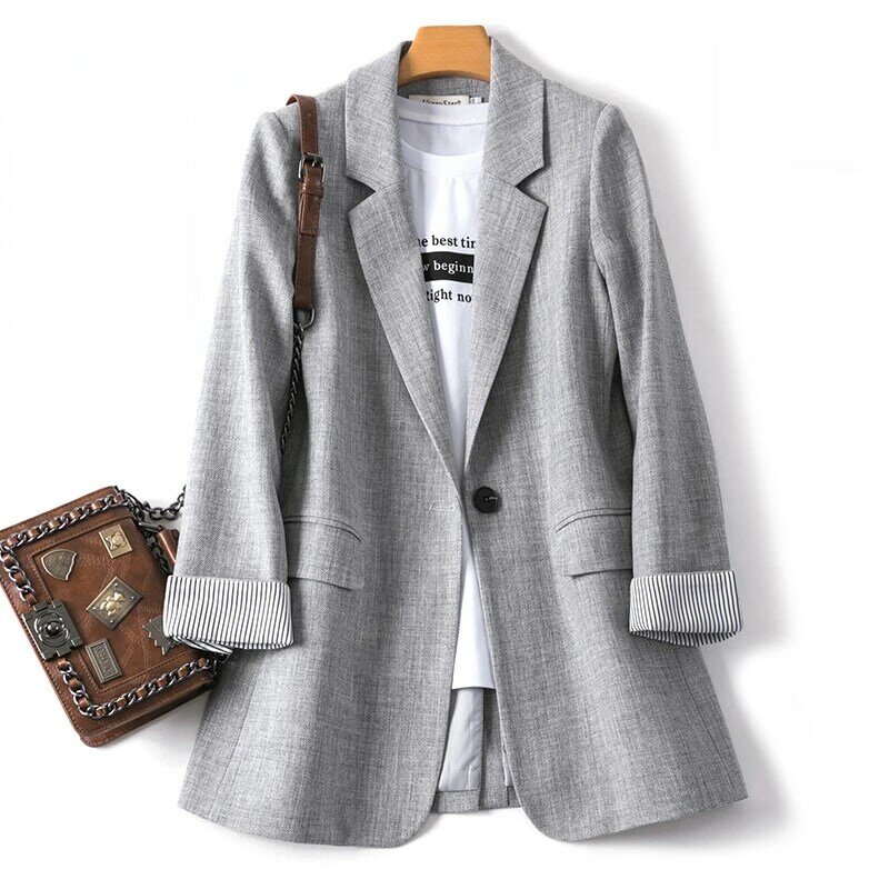 Fato xadrez de manga longa feminino, blazer casual feminino, negócio, escritório, trabalhando, novo, moda primavera