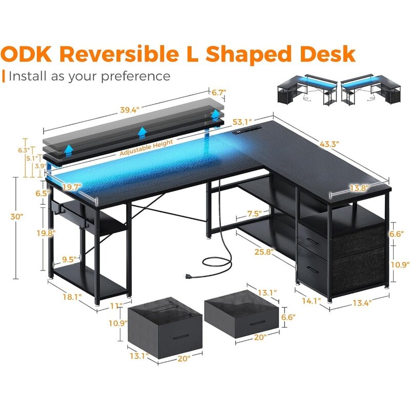 ODK L자형 게이밍 책상, 파일 서랍, 전원 콘센트, LED 조명, 가정 사무실, 가역 컴퓨터 책상