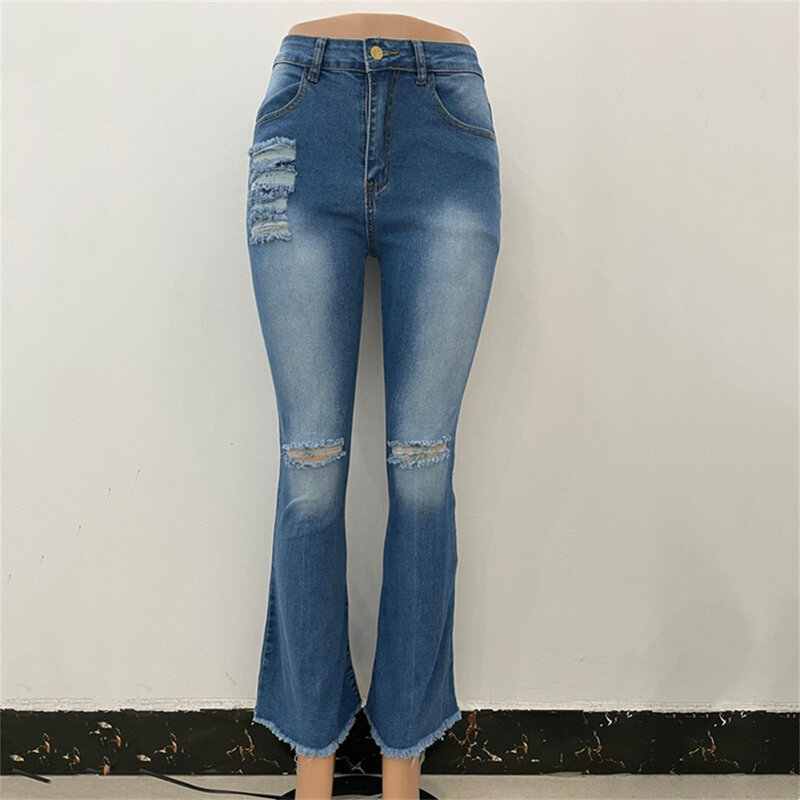 2022 Sexy Jeans Women High Waist Stretch Denim Pants Washed Destroyed Holes Ripped Denim Tassel Skinny Flare Jeans Bell Bottoms