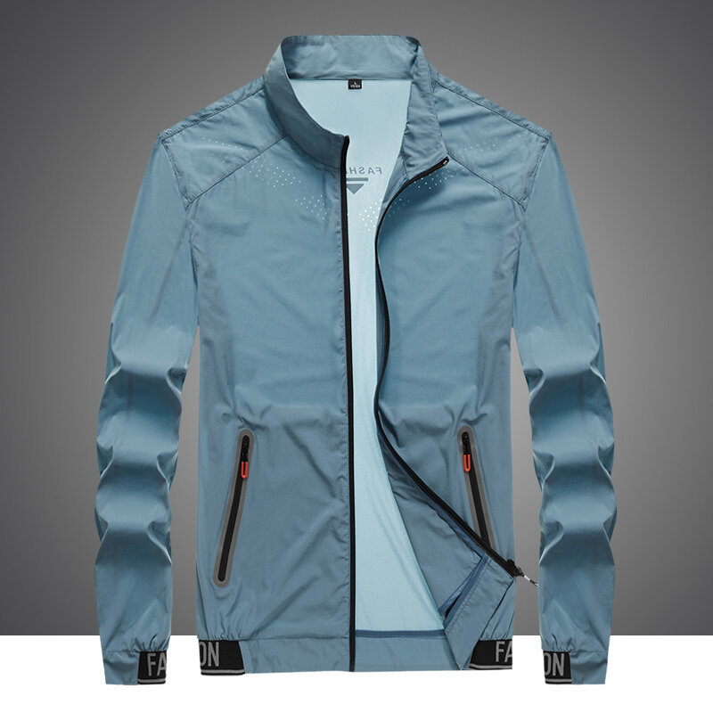 Ropa de protección solar UPF50 + para hombre, abrigo de secado rápido, transpirable, ultrafino, chaqueta deportiva de seda de hielo para exteriores, cuello levantado, Verano