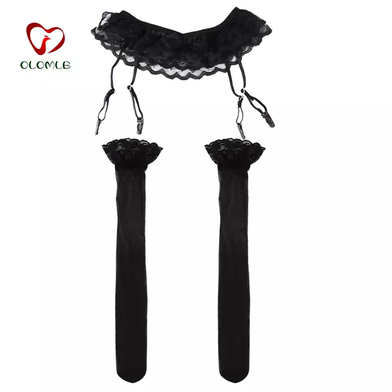 1Set Fashion Women Sexy Lace Soft Top Thigh-Highs Stockings + Suspender Garter Belt Black White
