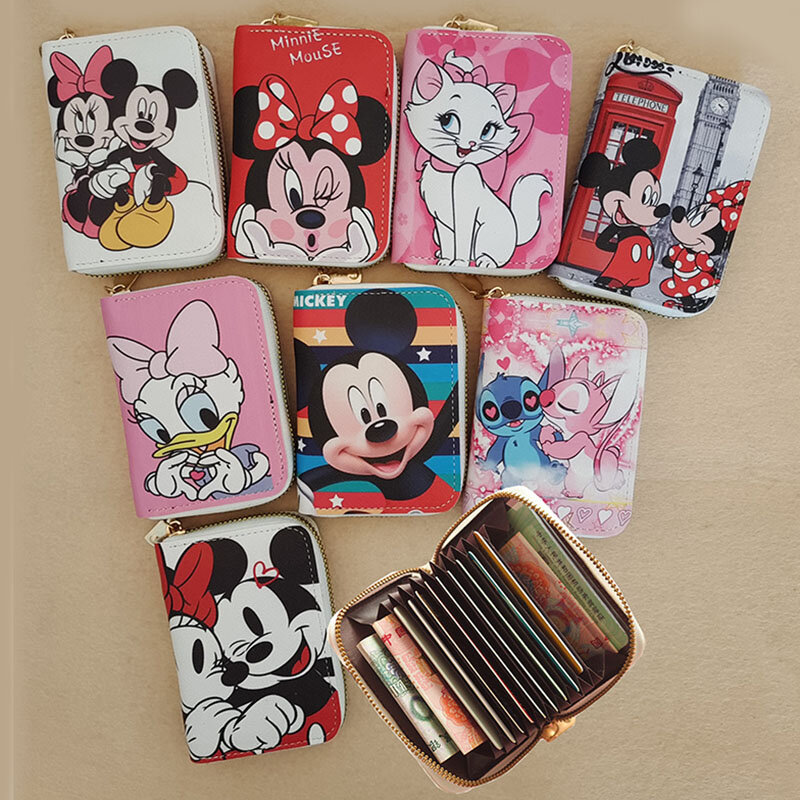 Cartera de piel sintética con dibujos animados para tarjetas de crédito, Mini bolso de mano con cremallera, tarjetero de órgano, Mickey y Minnie