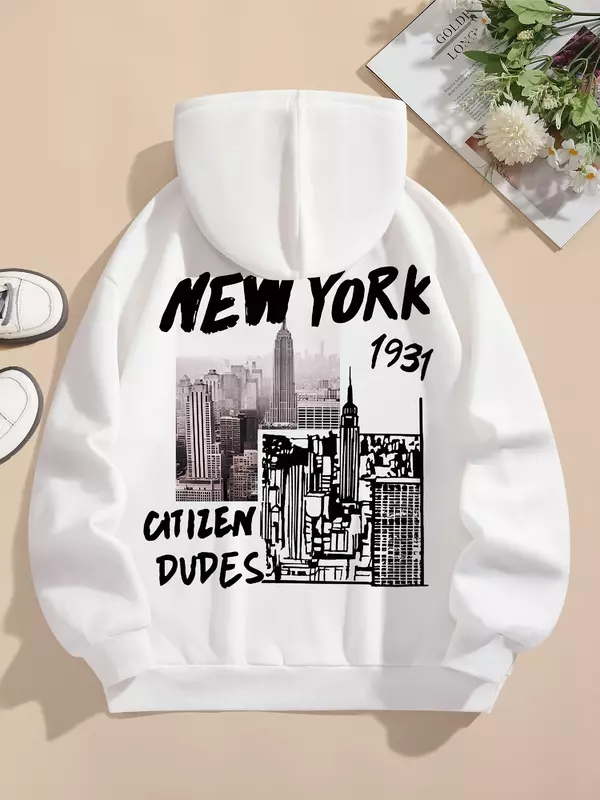 New York Drawstring Cool Man Hoodie Autumn and Winter Warm Casual Long Sleeve Drop Shoulder Hoodies Women's Clothing