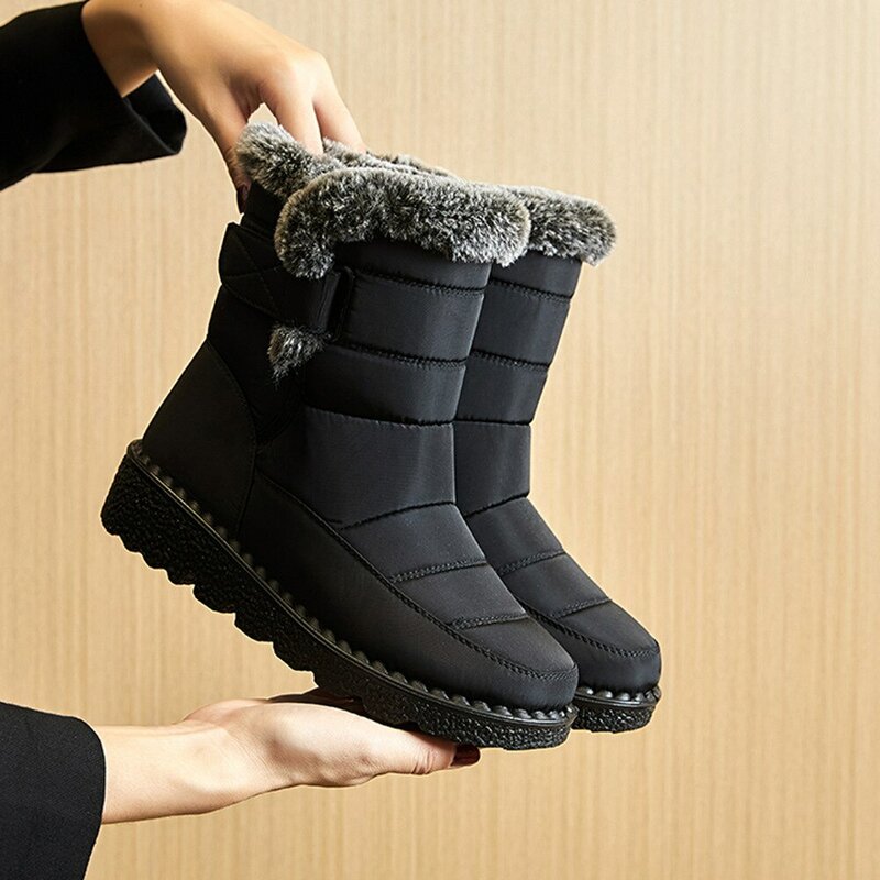 Botines impermeables de piel sintética para mujer, zapatos cálidos de algodón con plataforma larga para nieve, novedad de 2023