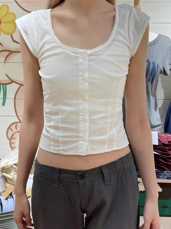 Женская хлопковая блузка с коротким рукавом и пуговицами, с U-образным вырезом