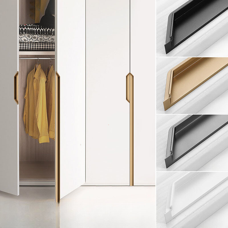 Alças de móveis escondidos para gaveta e armário, alça longa embutida escondida, porta deslizante interior puxa, preto e dourado, 1pc