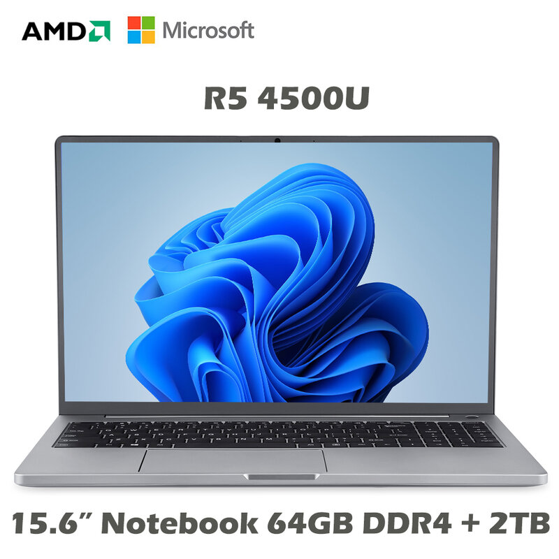 15,6 zoll Metall Laptop AMD Ryzen 5 4500U 6 Kerne 7nm CPU Notebook 64GB RAM 2TB SSD Windows 10 Gaming Computer 5G WiFi Typ C