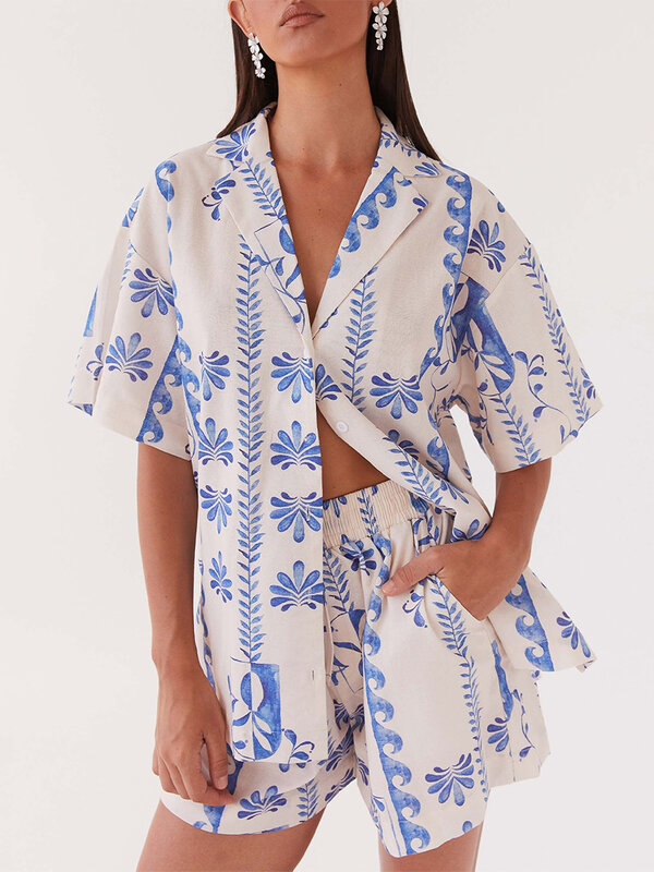 Conjunto de pijama estampado feminino, camisas de lapela de manga curta, terno curto de cintura alta, roupas domésticas Boho Beachwear, 2 peças