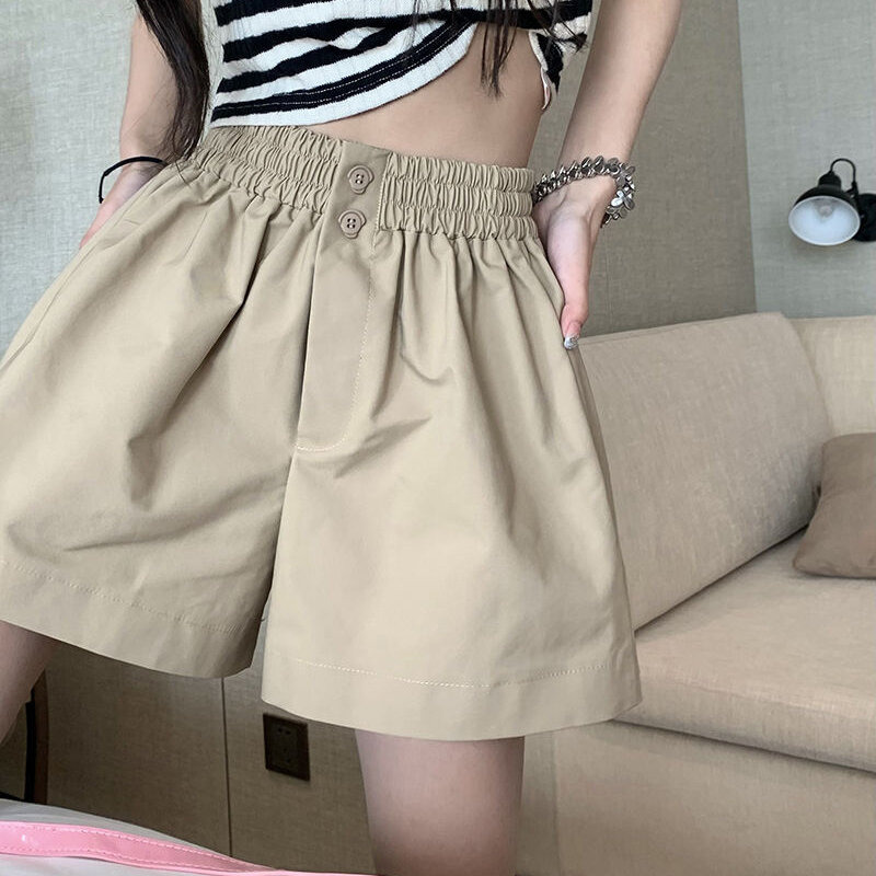 Pantaloncini elastici coreani a vita alta da donna pantaloncini estivi a gamba larga con doppio bottone donna pantaloni corti larghi in tinta unita da donna