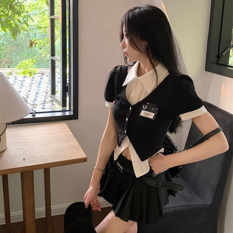 Patchwork Women Shirts Short Sleeve Slim Preppy Turn-down Collar Crop Tops Summer Trendy Panelled Korean Style Clothing Young