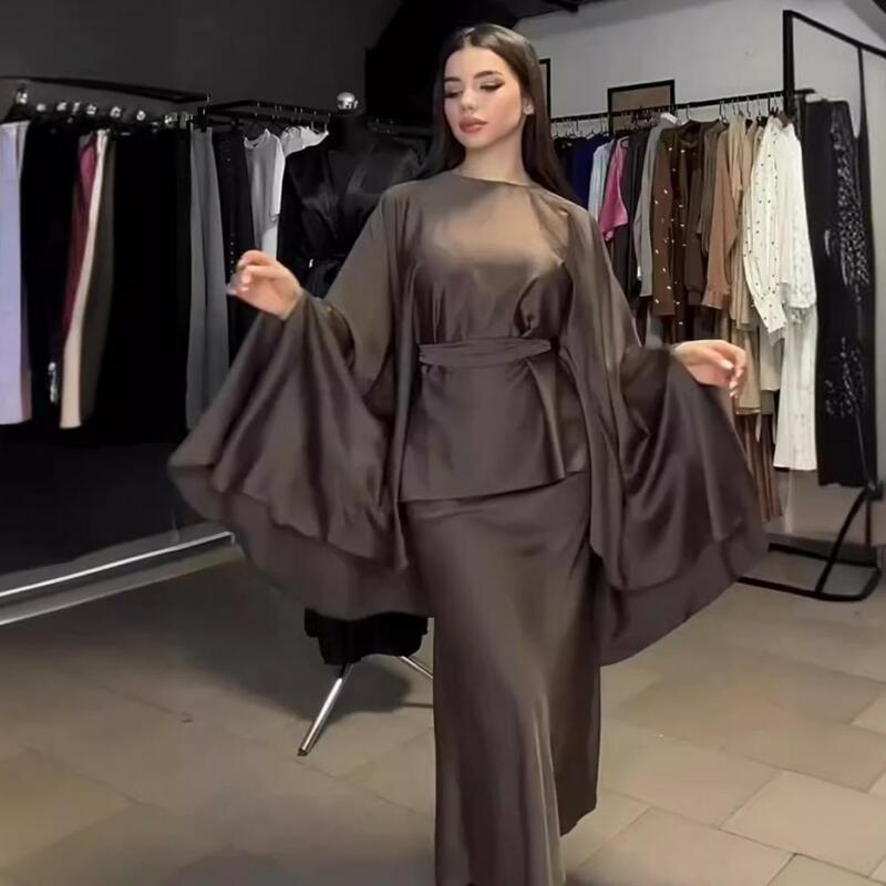 2024 New Woman Two Piece Sets Round Neck Batwing Sleeves Casual Top Elegant Long Skirt Loose Outfits Ladies Solid Vintage Suits
