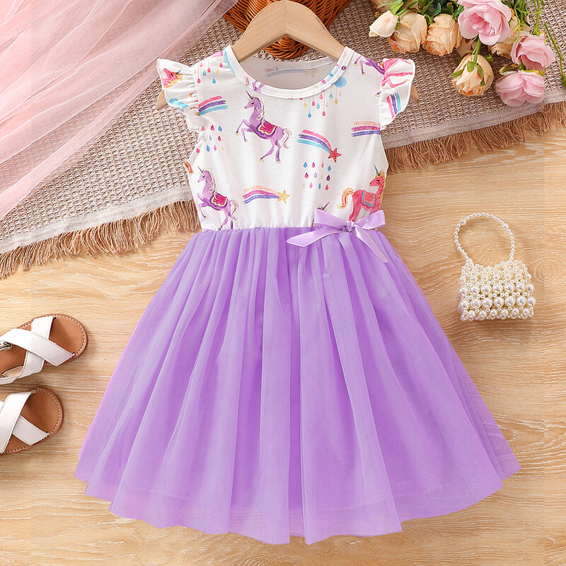 Summer Girls Dress For Kids 1-8 Years old Fashion Cute Cartoon Unicorn Ruffled Tulle Sleeve Princess Dresses For Holiday