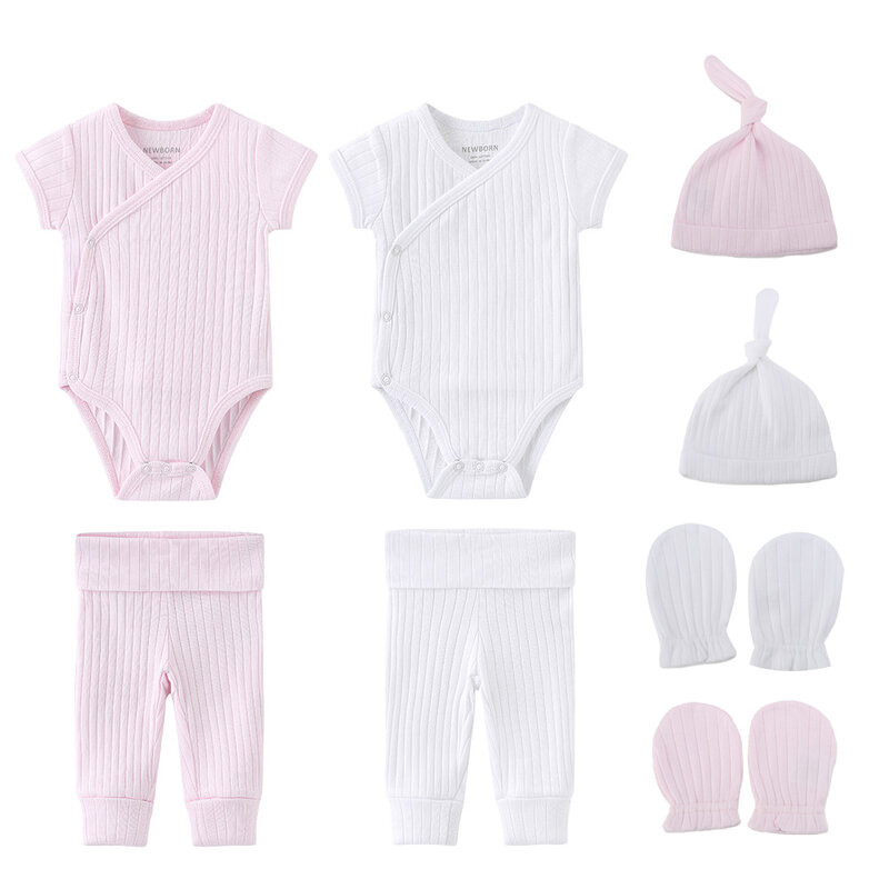 2023 Solid Color Unisex noworodki Baby Boy ubrania body + spodnie + czapki + rękawiczki/śliniaki Baby Girl ubrania zestawy odzieżowe bawełniane Bebes