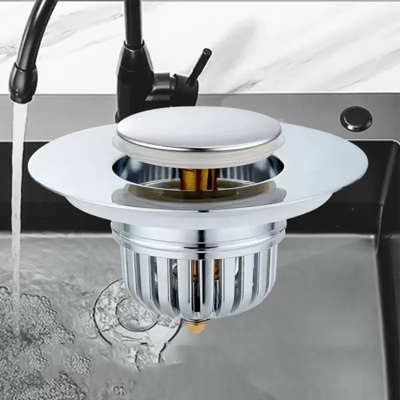 Fast Drainage Kitchen Sink Drain Plug Push Type Brass Bounce Core Filter Screen