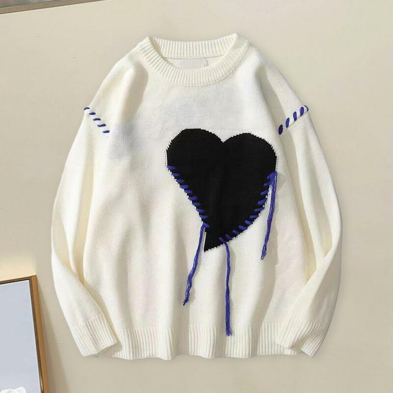 Fall Winter Men Sweater Heart Applique Couple Sweater Color Matching O Neck Long Sleeve Knitted Top Crochet Decor Knitwear