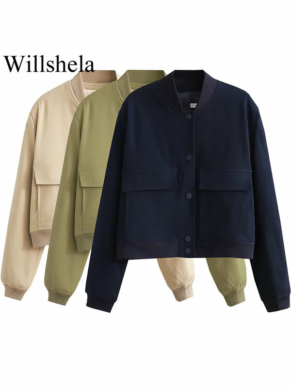Willshela-Jaquetas bomber monocromáticas femininas, casaco com bolsos, decote em v, peito único, mangas compridas, roupas chiques para senhora, moda feminina