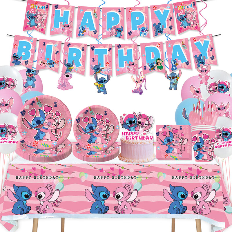 Suministros de fiesta de Disney Stitch, servilletas de papel, mantel, plato, globo, Ángel rosa, tema, Baby Shower, decoración de fiesta de cumpleaños de niñas