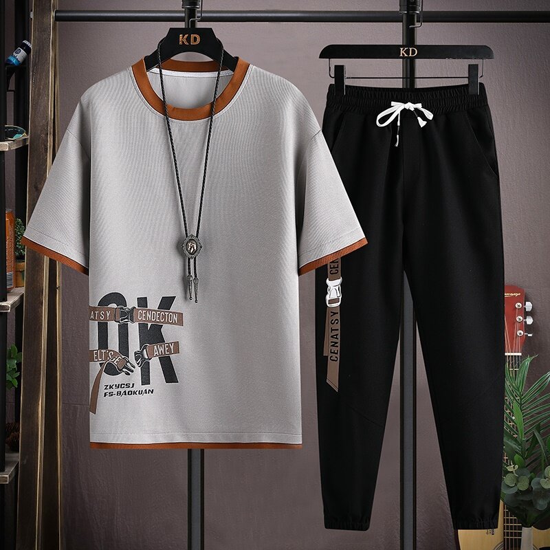 Conjuntos casuais de roupas esportivas masculinas, calças e camisas, padrão em letras, moda masculina, camiseta para primavera, verão, 2022