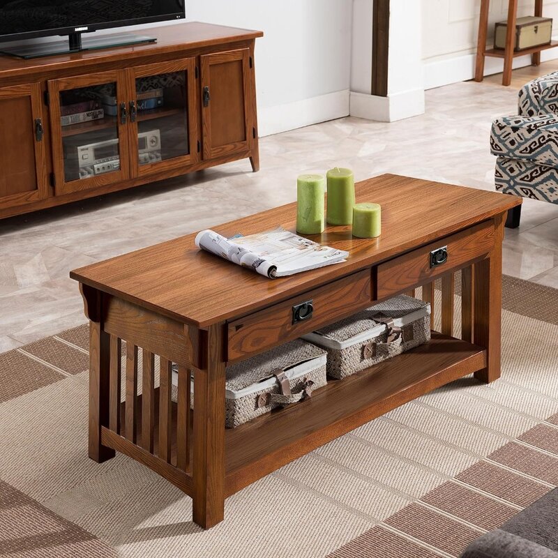 Безупречный кофейный столик для гостиной, два ящика и полка, выполненный из твердой древесины, отделка средним дубом, 8204 миссия