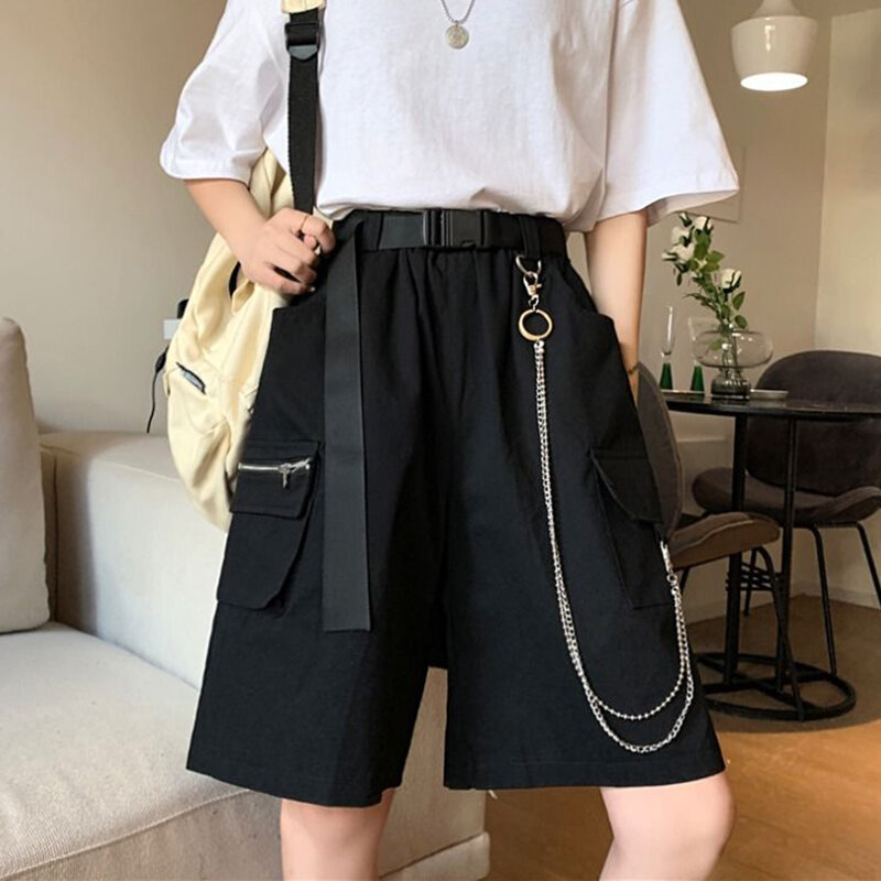 Rimocy-pantalones cortos Cargo con cadena Harajuku para mujer, Shorts de pierna ancha con bolsillos grandes, ropa de calle de cintura alta, color negro, verano, 2024