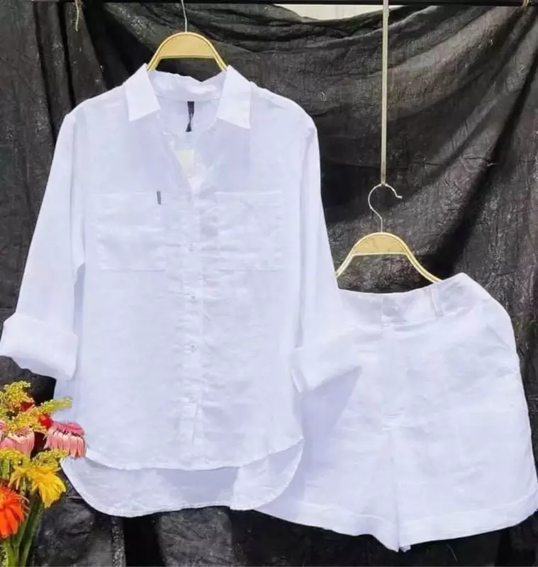 2024 estate due pezzi Set donna cotone lino moda camicia a maniche lunghe bianca e pantaloncini larghi Casual casa 2 pezzi Set per le donne