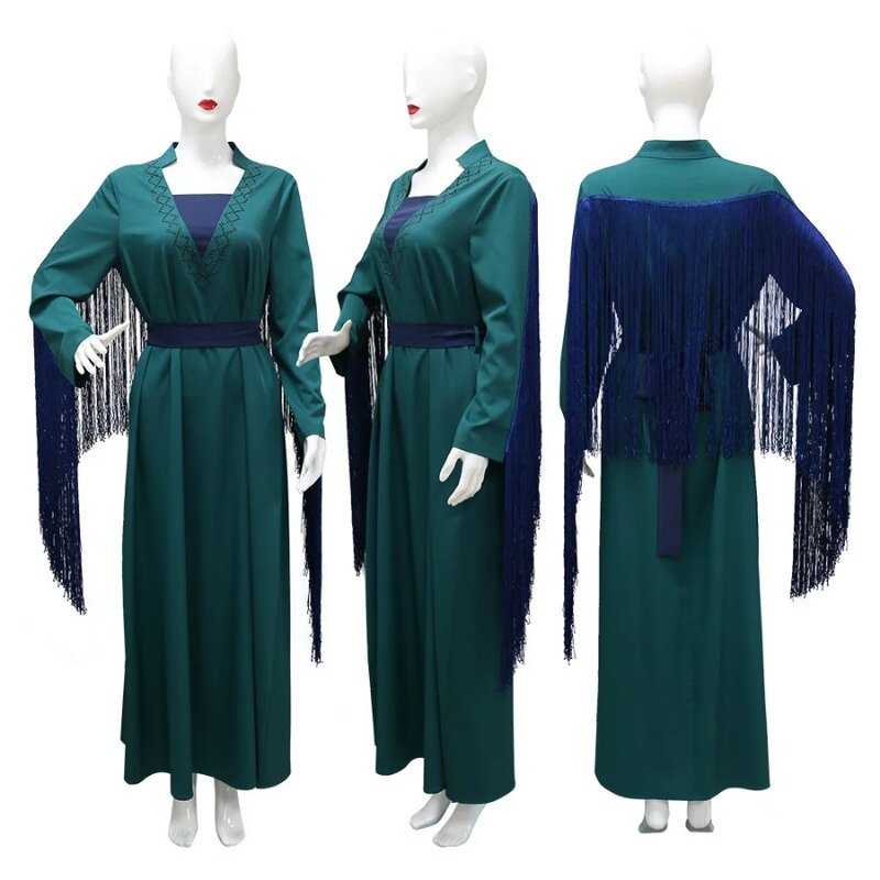 Мусульманское платье с V-образным вырезом, длинным рукавом, бахромой и стразами