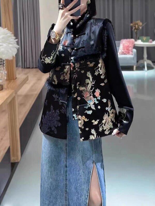 Neue chinesische Art Knoten Knopf Stickerei Baumwolle Weste Mantel Damen Stehkragen Top