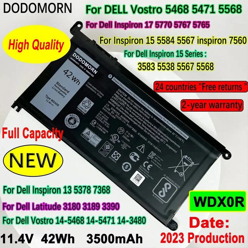 Аккумулятор DODOMORN WDX0R для ноутбука DELL Vostro 5468 5471 5568 Inspiron 17 5770 5767 5765 15 5584 5567 7560 3583 5538 5567 5568