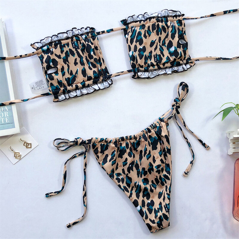 Леопардовый бикини, сексуальный купальник-бандо с открытой спиной, плиссированный купальный костюм с рюшами, купальник, женская пляжная одежда из двух предметов