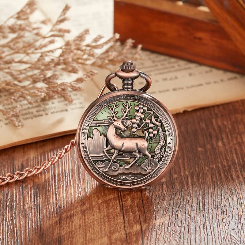 New Animal Machinery Pocket Watch Luminous Pocket Watch  Bronze Necklace Deer Carved Exquisite Clock Watch Fob Christmas Gift