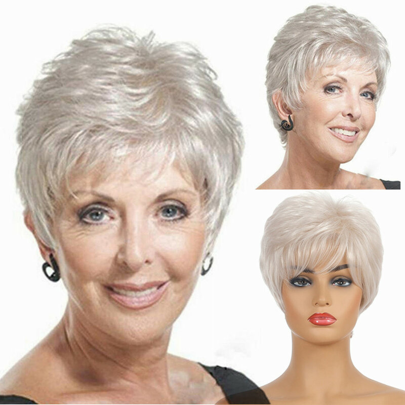 Synthetic Short Pixie Cut Wigs For Women Natural Straight Hair Silver Grey With Bangs Mommy Hair Ombre Curly Costume Party Wig