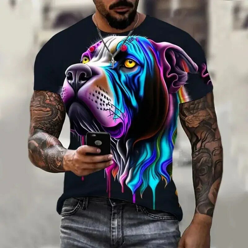 2023 3D 프린트 동물 퍼그 남성용 O-칼라 티셔츠, 캐주얼 패션, 오버사이즈 탑, 최신 여름 티셔츠