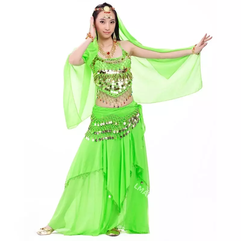 Indian Kostuum Set 4 Stuks Buikdans Sluier Top Munten Heup Sjaal Rok Buikdans Kostuum Vrouwen