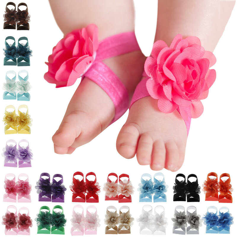 Rose Gold Little Girl Shoes 22 Pairs Solid Chiffon Flower Barefoot Sandals Feet Accessories For Baby Girls Girls Slippers 10