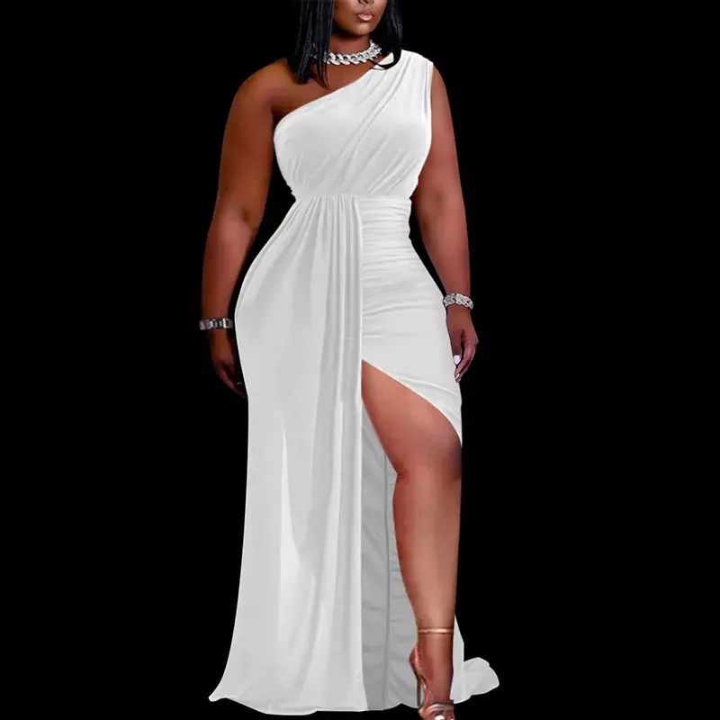 Vestido de noche plisado de talla grande para mujer, vestido Formal elegante con un hombro descubierto, con aberturas altas, largo, primavera y verano, 2024