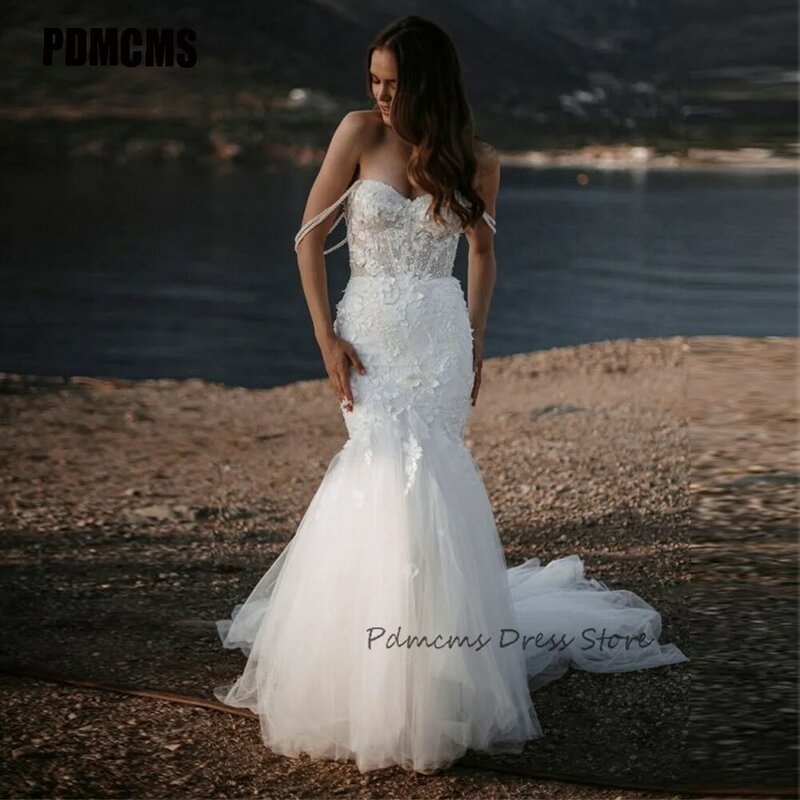 PDMCMS-Vestidos de casamento vintage para mulheres, vestido de noiva, apliques sereia, cinta de espaguete, laço