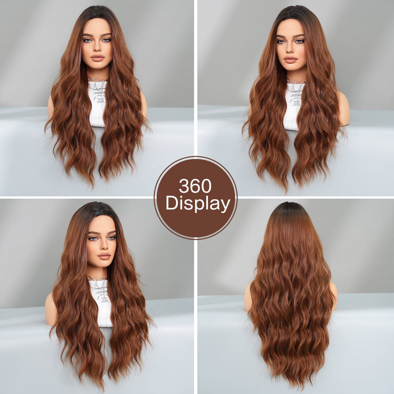 NAMM-Peluca de cabello sintético para mujer, postizo de ondas de cuerpo suelto, parte media, color marrón con raíces oscuras, alta densidad, uso diario