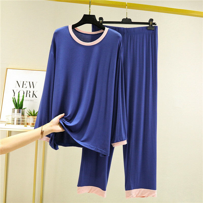 Fdfklak Frühling Herbst Pyjamas Für Frauen Neue Kontrast Farbe Nachtwäsche Damen Lange-Sleeve Hosen Anzug Casual Modal Startseite Kleidung