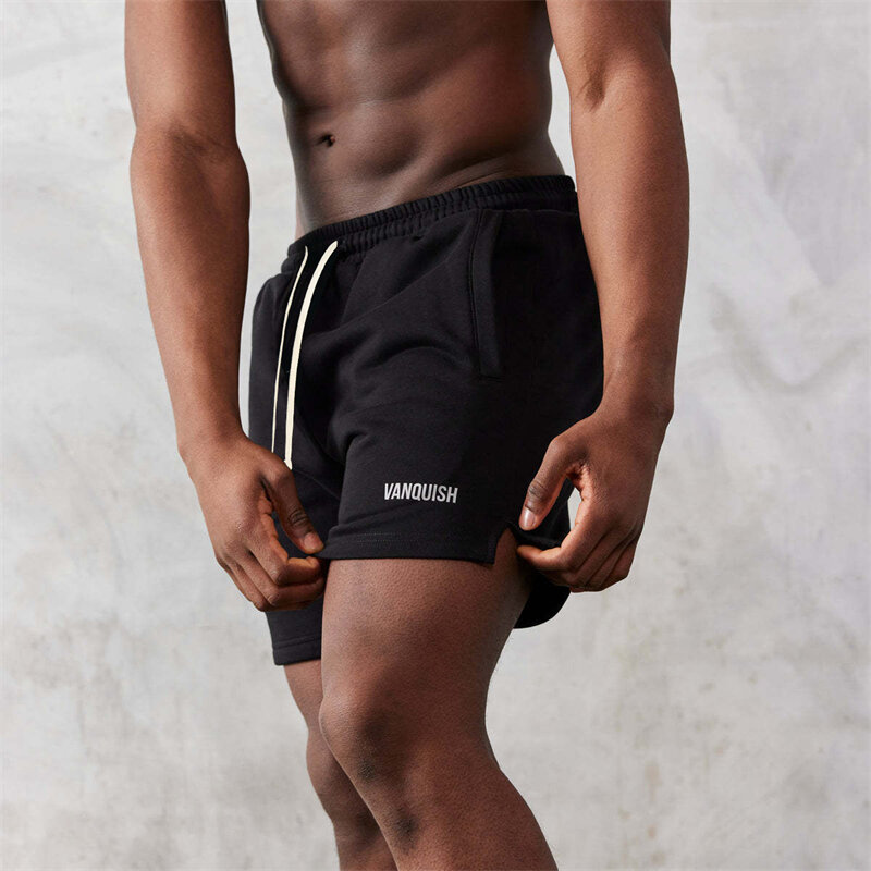 Shorts de algodão preto masculino, calça casual 3/4, moletom de treino fitness, roupa de jogger preta, estampa da moda