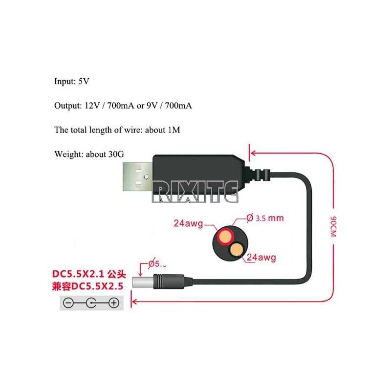USB Power Boost Cable DC 5V to DC 9V / 12V Charging Cable Power Boost Module USB Converter Adapter Cable 2.1x5.5mm Plug