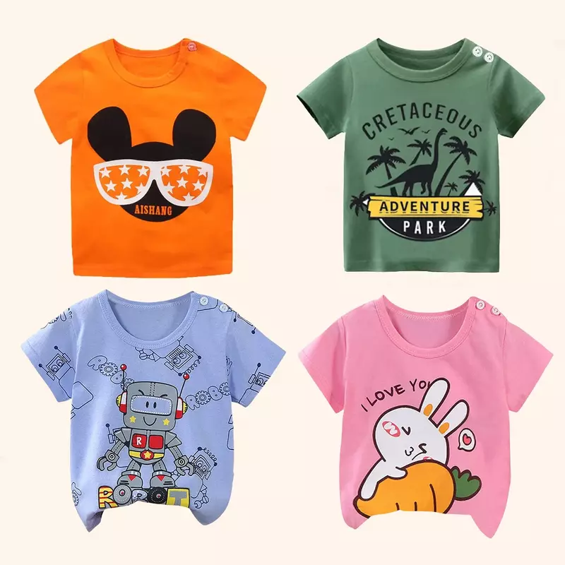 Camiseta infantil de manga curta, 100% algodão, roupas de bebê, roupas infantis, meninos, meninas, verão