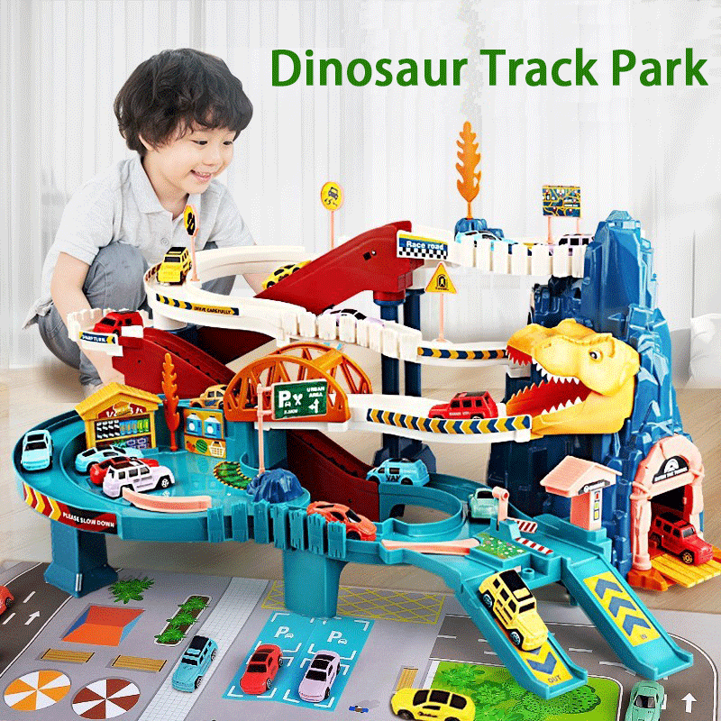 Kinderspiel zeug Dinosaurier Bergbahn wagen kleiner Zug gehen durch großes Abenteuer auto das beste Geburtstags geschenk für einen kleinen Jungen