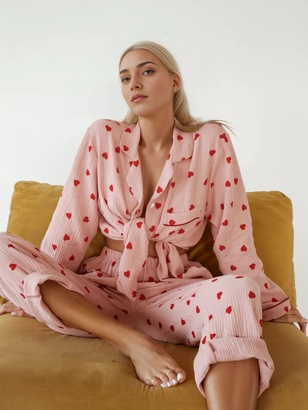 Conjunto de pijamas estampado, 100% algodão, roupa de dormir, conforto, camada dupla, gaze, linda, fofa, pijamas, doce coração, 2 peças