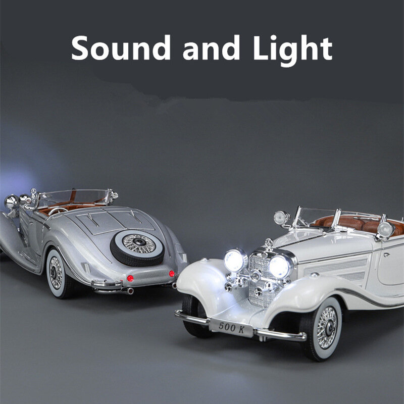 1:24 1936 Benzs 500K modello di auto in lega pressofuso in metallo classico modello di auto simulazione suono e collezione di luci regalo giocattolo per bambini