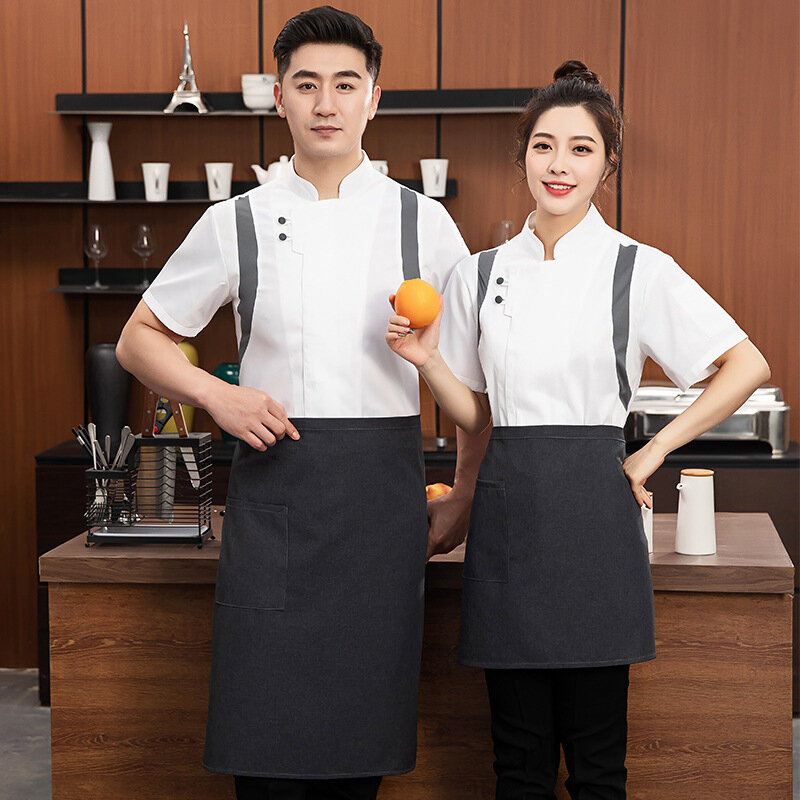 Summer Ice Silk Chef Overalls Short Sleeve Men's Breathable Hotel Dining Kitchen Clothes Women's Canteen Kitchen Restaurant Work